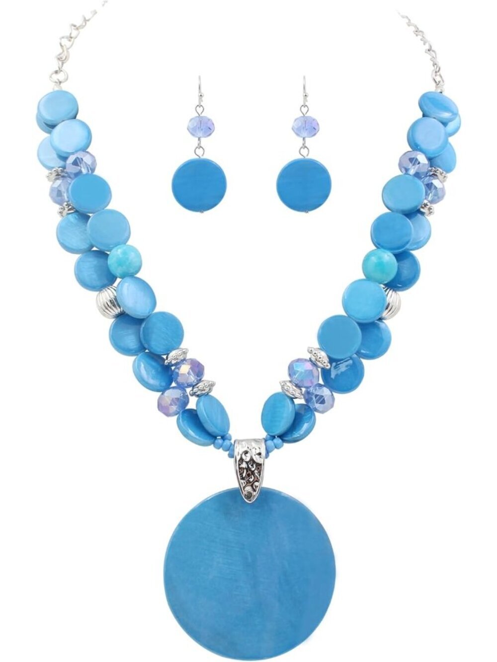 Women's light blue Layered Bead Statement Chunky Jewelry Necklace And Earring